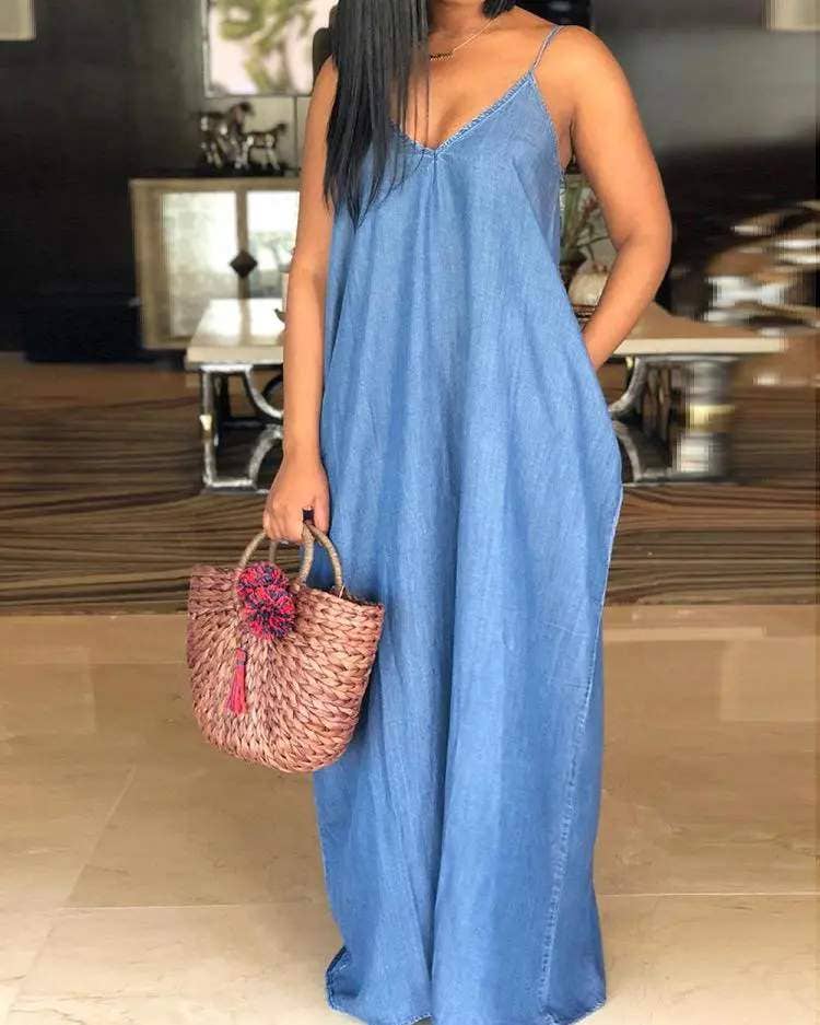 Plain spaghetti strap denim dress