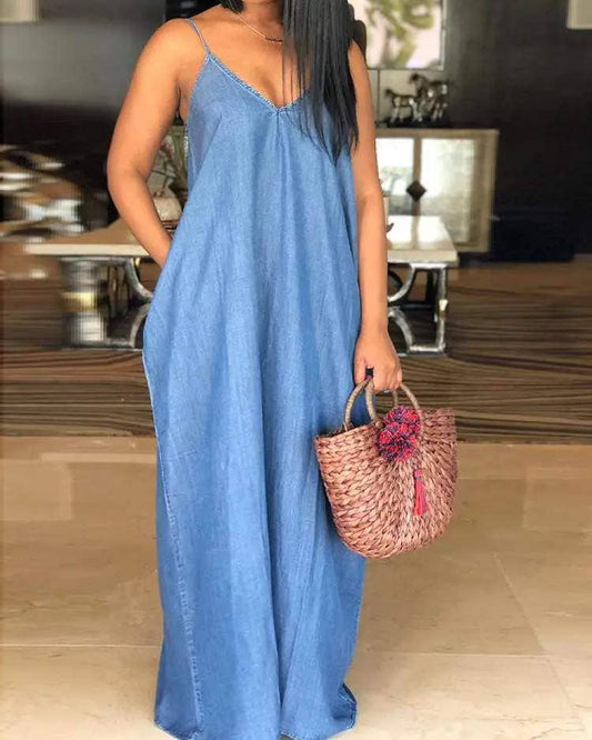 Plain spaghetti strap denim dress