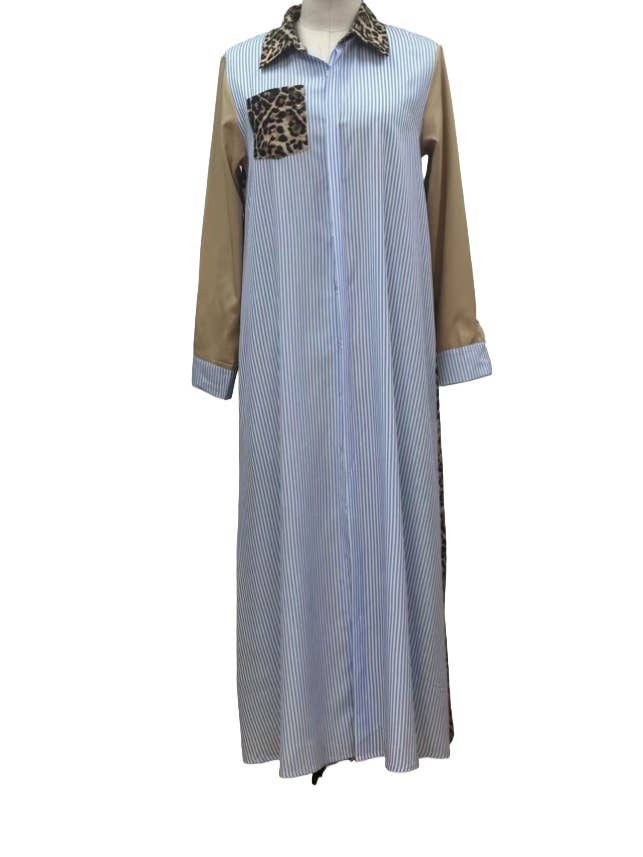 Casual leopard striped patchwork maxi shirt dress