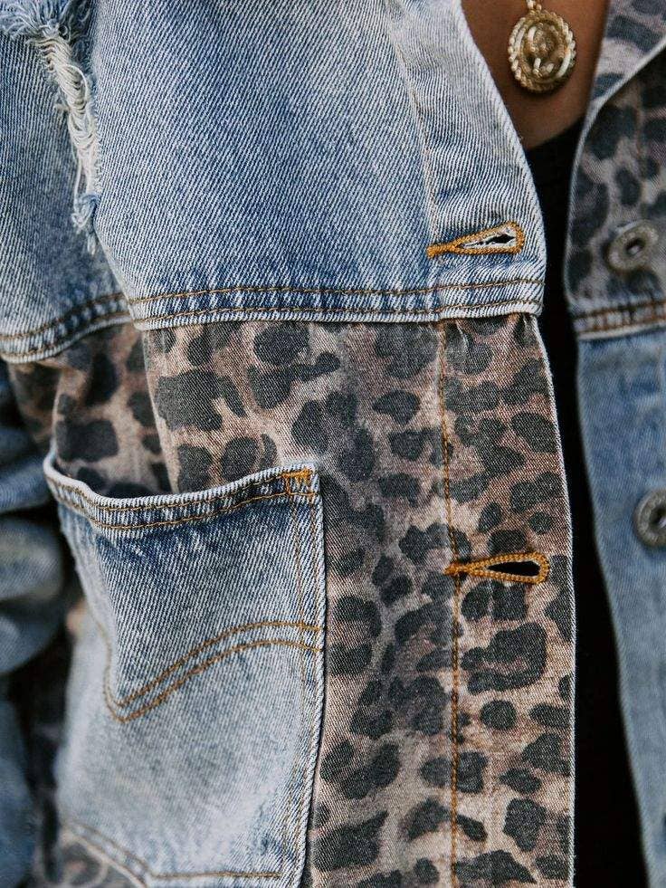 Leopard stitched denim jacket