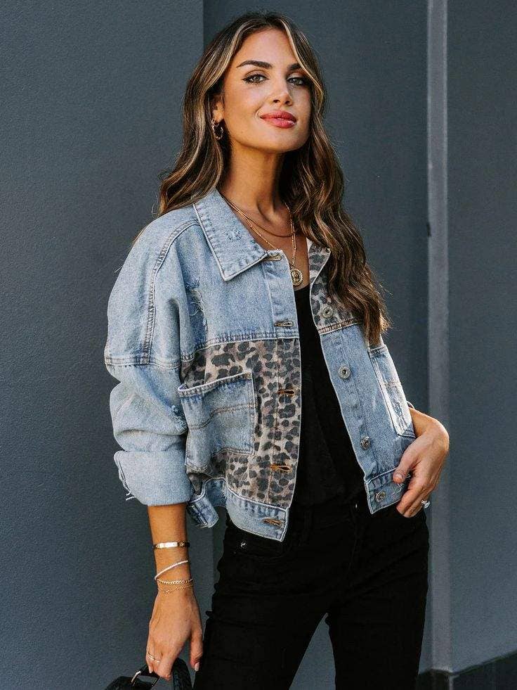 Leopard stitched denim jacket