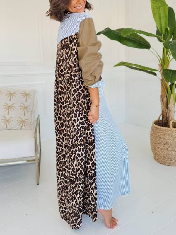 Casual leopard striped patchwork maxi shirt dress