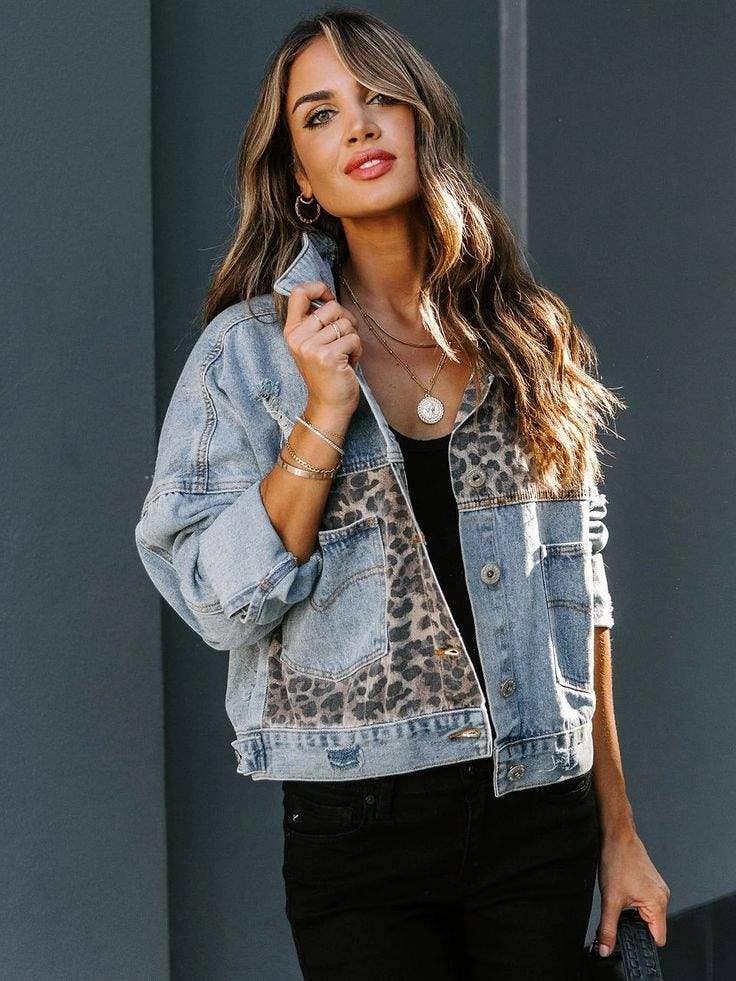 Leopard stitched denim jacket