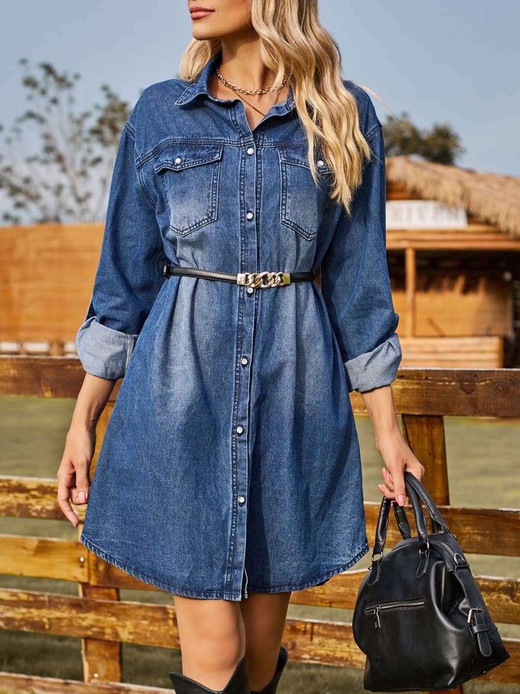 Button-Pocket Denim Long-Sleeved Dress
