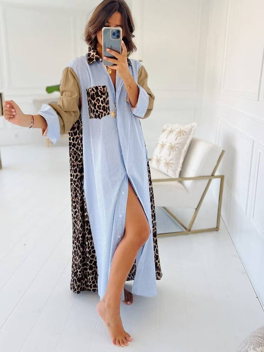 Casual leopard striped patchwork maxi shirt dress